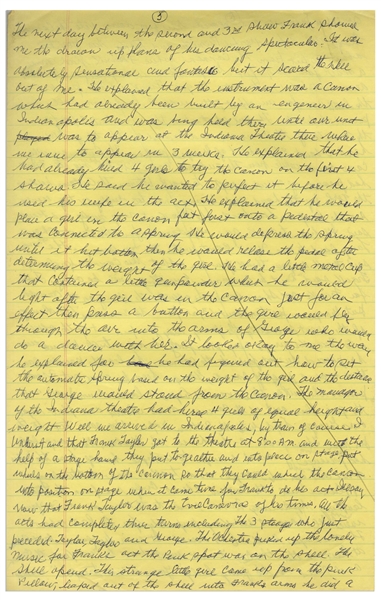 Moe Howard's Handwritten Manuscript Page When Writing His Autobiography -- Moe Writes About Vaudeville: ''he would place a girl in the canon feet first''  -- Two Pages on One 8'' x 12.5'' Sheet